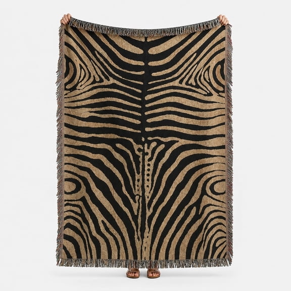 Zebra Stripe Woven Cotton Throw Blanket with Fringed Edges | Animal Print Sofa Blanket, 3 Sizes
