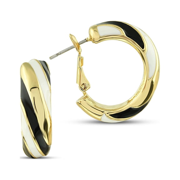 Zebra Striped Enamel Hoop Earrings, 14K Gold Plated Half Hoops 23mm - Black-White Jewelry, Enamel Huggies Everyday Earrings Gift for Mom,Gift for Teacher