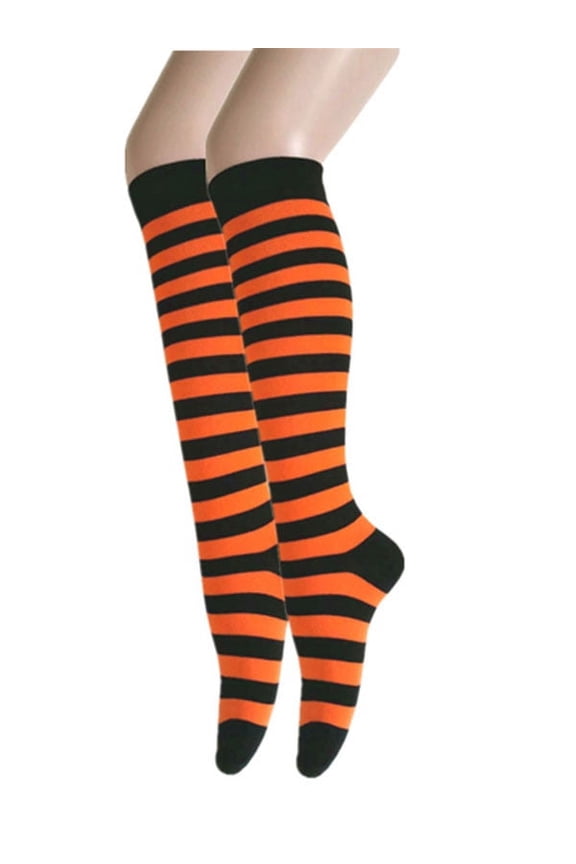 Zebra Stripes Knee High Tube Socks For Women and Girls In Black with Orange Color 2 Pairs Package
