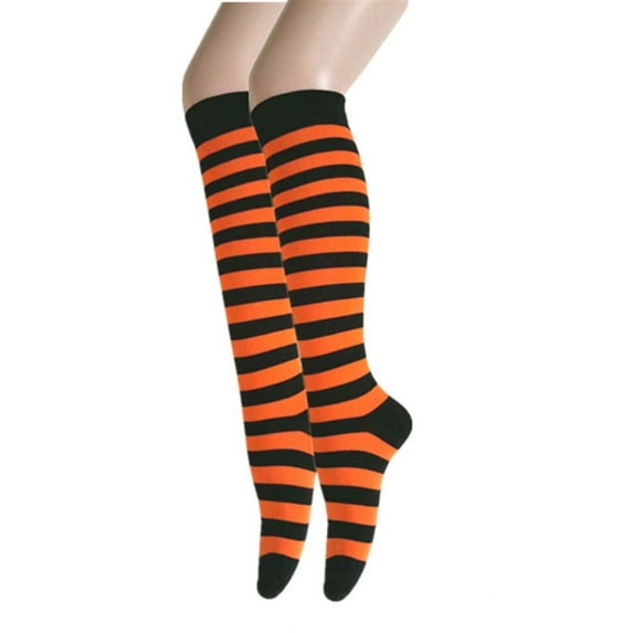 Zebra Stripes Knee High Tube Socks For Women and Girls In Black with Orange Color 2 Pairs Package