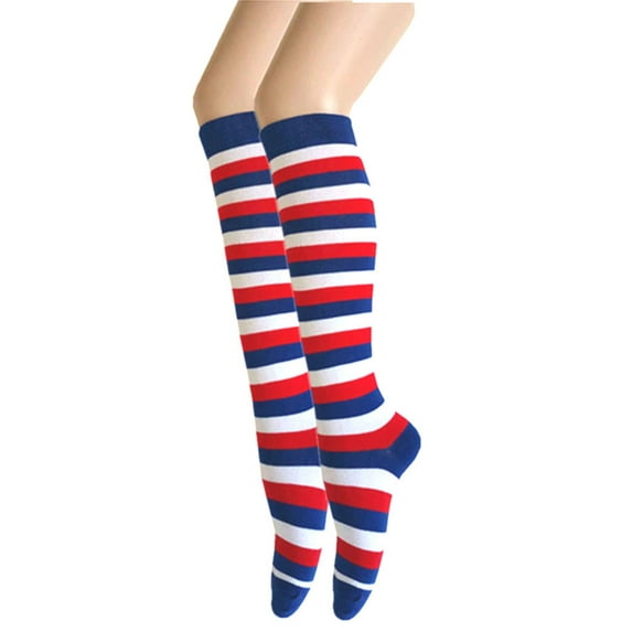 Zebra Stripes Knee High Tube Socks For Women and Girls In Blue with White and Red Color 2 Pairs Package