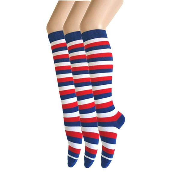 Zebra Stripes Knee High Tube Socks For Women and Girls In Blue with White and Red Color 3 Pairs Package