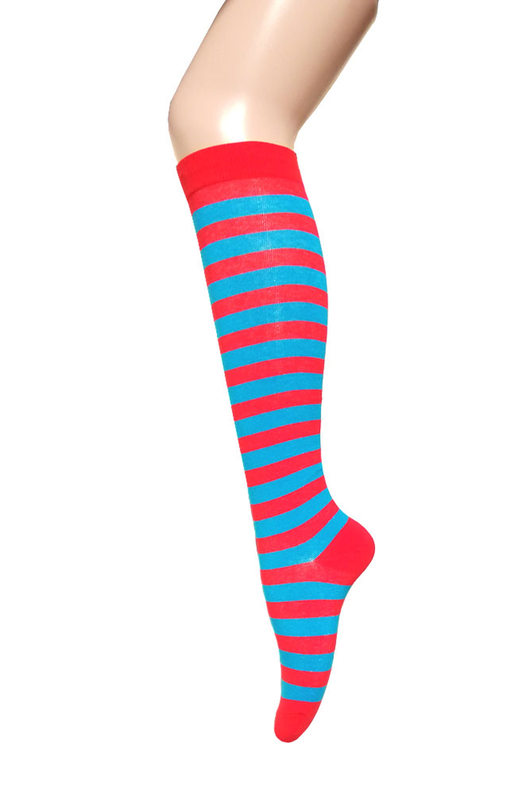 Zebra Stripes Knee High Tube Socks For Women and Girls In Red with Blue