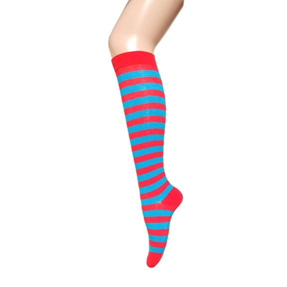 Zebra Stripes Knee High Tube Socks For Women and Girls In Red with Blue Color
