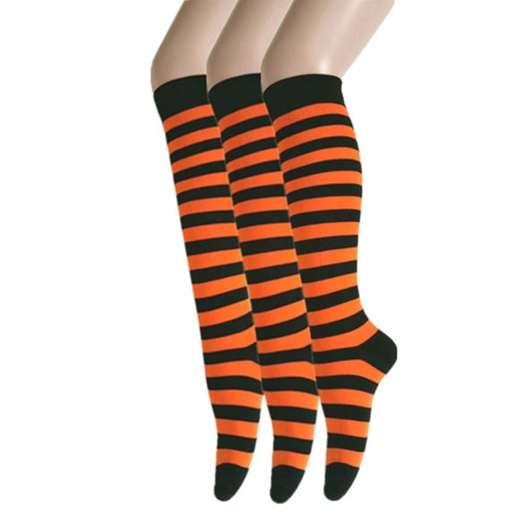 Zebra Stripes Knee High Tube Socks for Women and Girls in Black with Orange Color