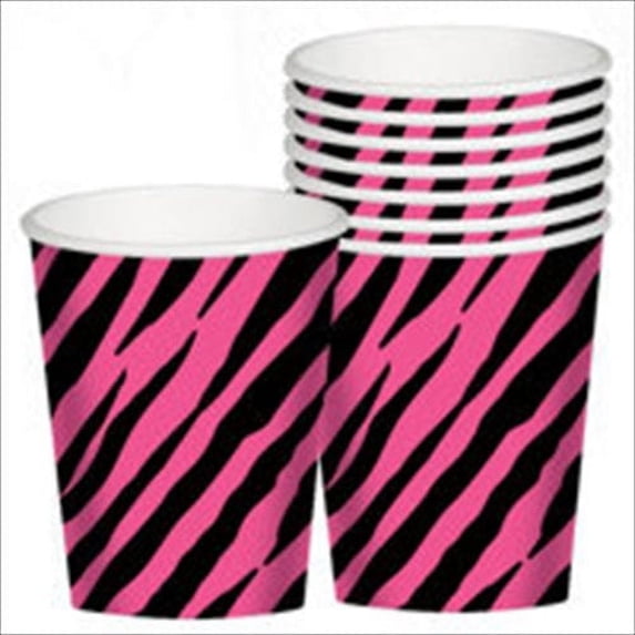 Various Zebra Stripes Pink and Black Animal Print 9 oz Disposable Paper Cups, 8 Count, 1 Pack