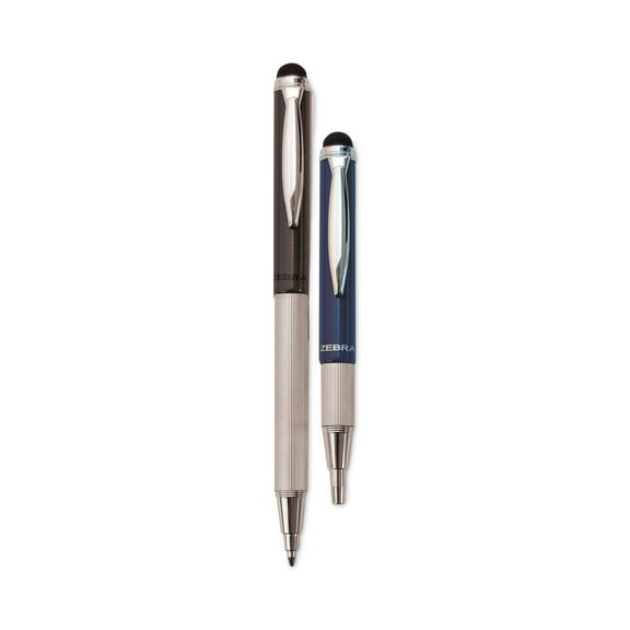Zebra StylusPen Telescopic Ballpoint Pen/Stylus, Retractable, Medium 1 mm, Black Ink, Blue/Gray Barrel, 2/Pack