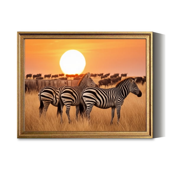 Zebra Sunset Savanna Herd Vintage Gold Framed Wall Art Decor Retro Canvas Paintings for Living RoomBedroom