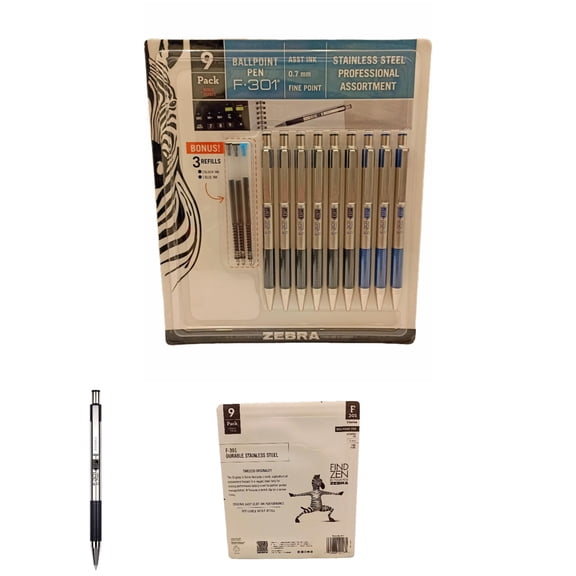 Zebra Technologies F-301 Ballpoint Pen, 9-Pack Black Fine Point Pens with Refillable Design