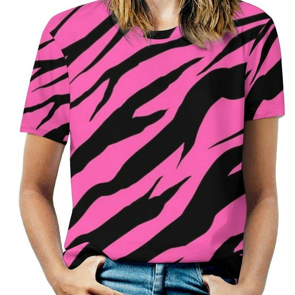 Zebra / Tiger Print Pink Women'S T-Shirt Summer Fashion Print Floral V-Neck Zipper Tshirt Hollow Pullover Ladies Top Zebra