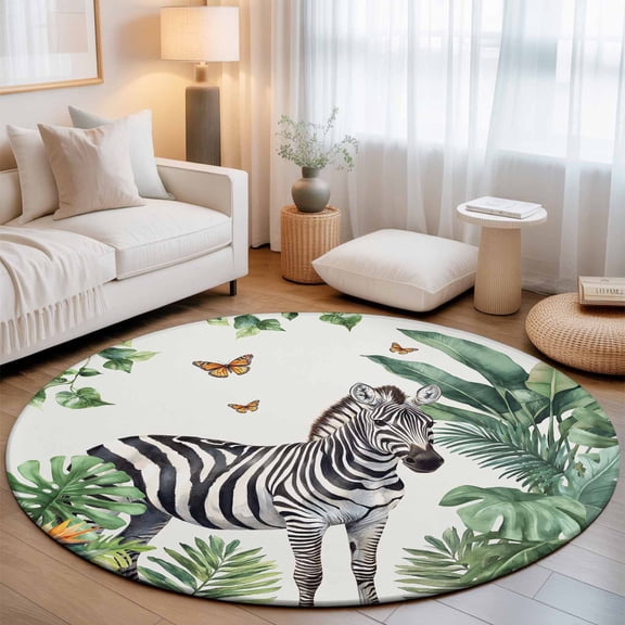 Zebra Tropical Leaves Jungle Round Rug 5ft Black Stripes Animal Portrait Washable Area Rugs for Living Room Bedroom Entryway Non Slip Entrance Door Mat Indoor Floor Carpet