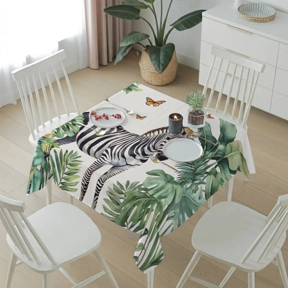 Zebra Tropical Leaves Jungle Table Cloth 54x54in, Waterproof Square Tablecloth Wipeable Tablecloths Black Stripes Animal Portrait Table Covers for Dining Tables Party Indoor Outdoor