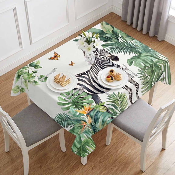 Zebra Tropical Leaves Jungle Table Cloth 60x84in, Waterproof Rectangle Tablecloth Wipeable Tablecloths Black Stripes Animal Portrait Table Covers for Dining Tables Party Indoor Outdoor