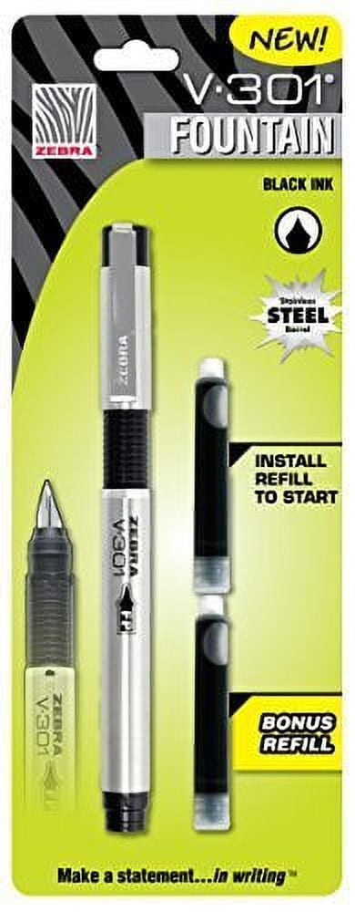 Zebra V-301 Stainless Steel Fountain Pen, Fine Point, 0.7 mm, Black Ink