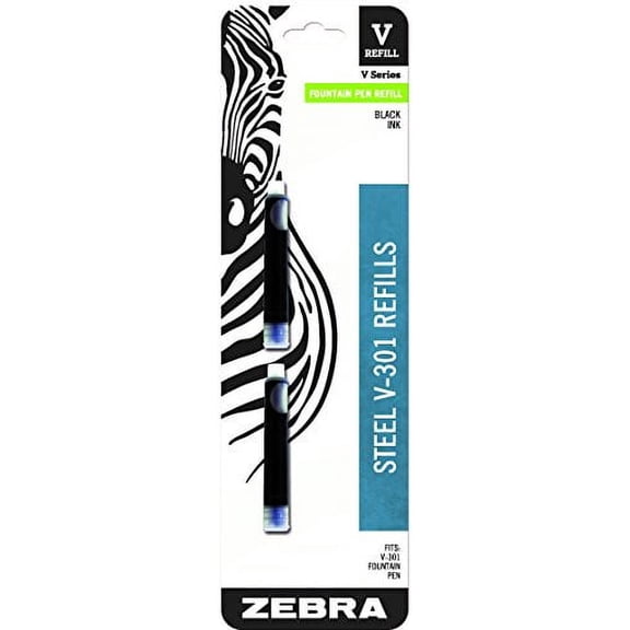 Zebra V-301 Stainless Steel Fountain Pen Refill Cartridge, Black Ink, 2-Count