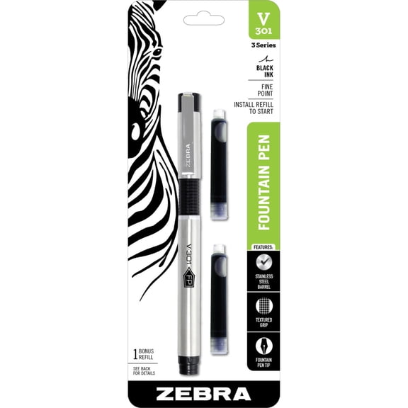 Zebra V-301 Stainless Steel Fountain Pen with Bonus Refill, Fine Point, 0.7mm, Black Ink, 1-Count