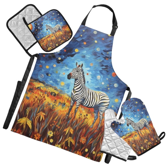 Zebra Van Gogh Art 5 Pcs Kitchen Set Heat Resistant Oven Mitts and Non-Slip Pot Holders with Adjustable Cooking Apron