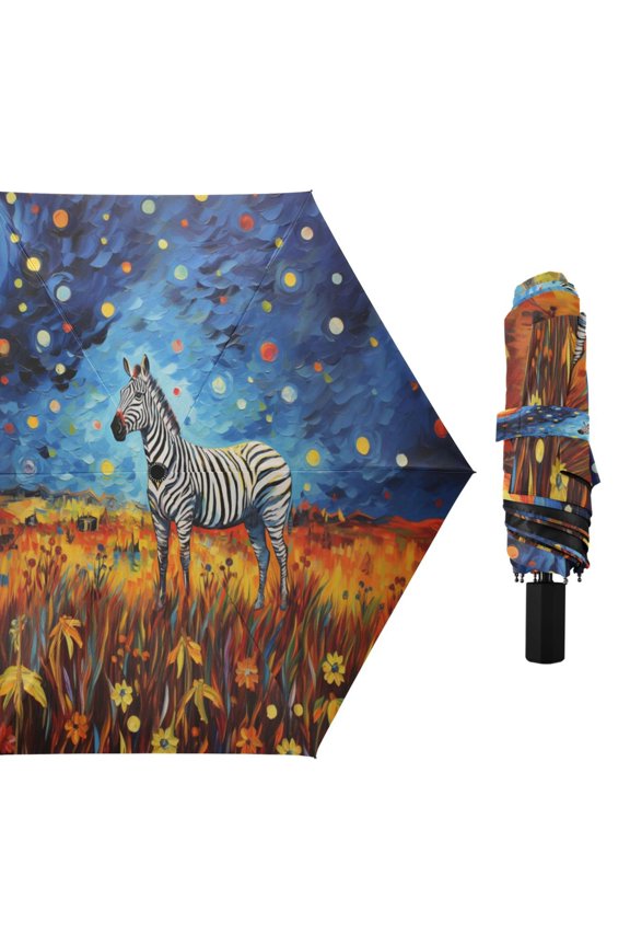 Zebra Van Gogh Art Compact Sun Umbrella Windproof Travel Umbrellas for Rain Strong Portable UV Protection