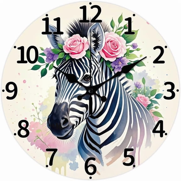Zebra Wall Clock 12 Inch Roses Wild Flowers Clock Battery Operated Silent Non Ticking Round Decorative Clocks for Home Office Decoration Colorful