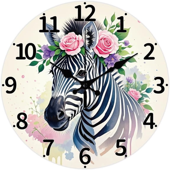 Zebra Wall Clock 12 Inch Roses Wild Flowers Clock Battery Operated Silent Non Ticking Round Decorative Clocks for Home Office Decoration