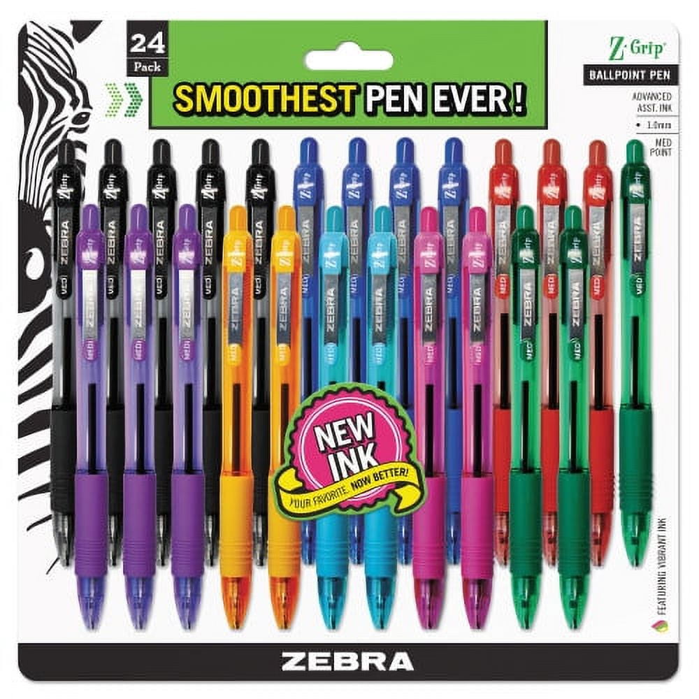 Zebra Z-Grip Ballpoint Pen, Retractable, Medium 1 mm, Assorted Business/Artistic Ink Colors, Clear Barrel, 24/Pack