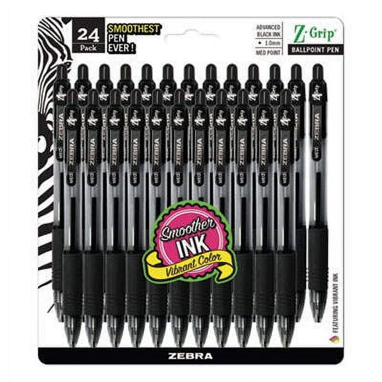  Zebra(R) Z-Grip(TM) Retractable Ballpoint Pens, 1.0 mm, Medium  Point, Clear Barrel, Black Ink, Pack Of 24, 12221 : Everything Else