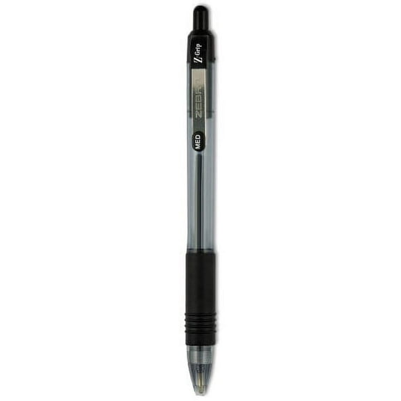 Zebra Z-Grip Ballpoint Pen, Retractable, Medium 1 mm, Black Ink, Clear/Black Barrel, 12/Pack, Each