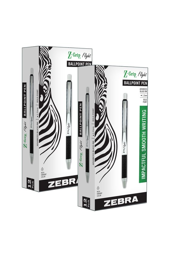 Z-Grip Flight Retractable Ballpoint Pen Bold Point Black Ink 12 Per Pack 2 Packs (ZEB21910-2)