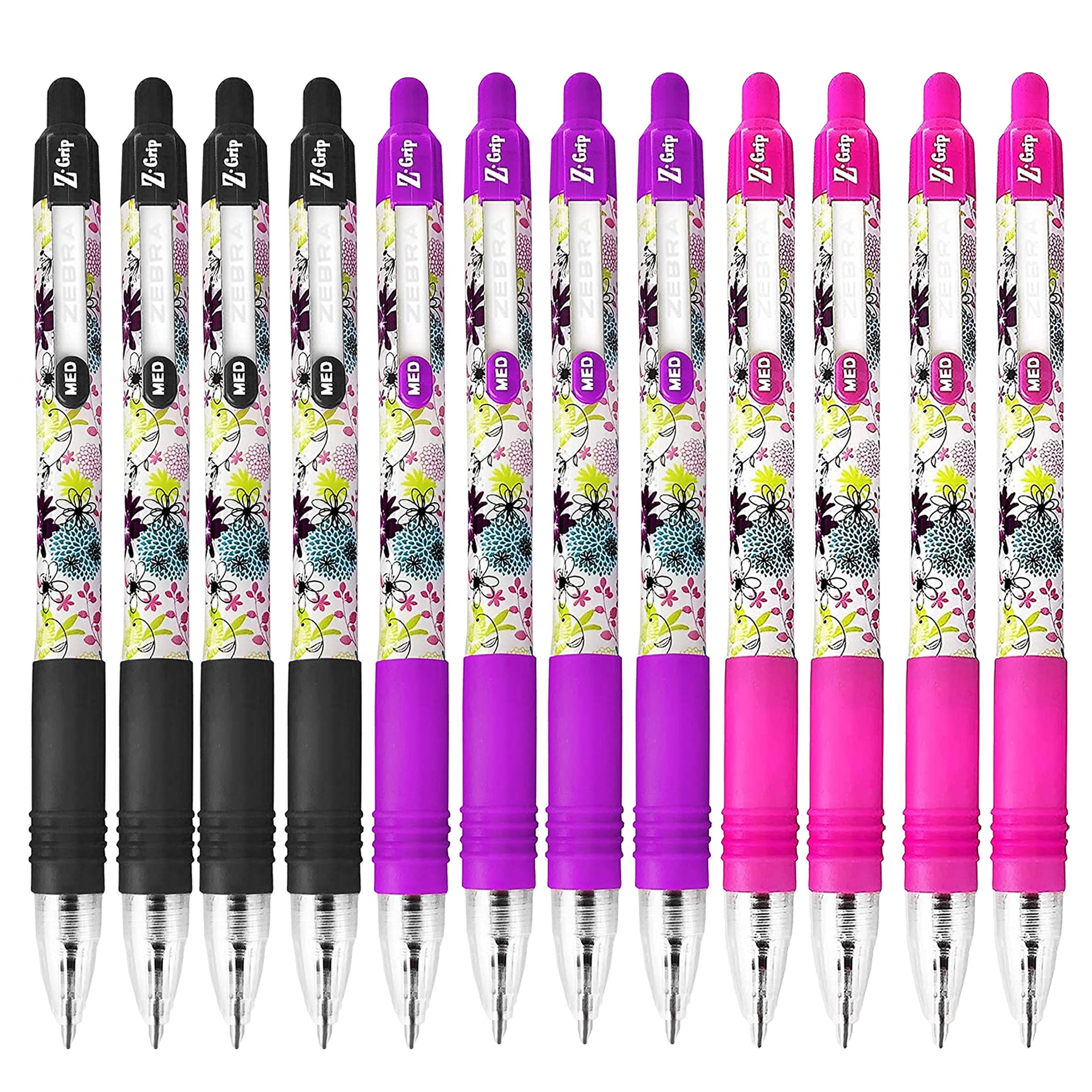 Zebra Z-Grip Funky Brights Retractable Ballpoint Pen - Black, Pink, Violet Floral Barrel - Pack of 12