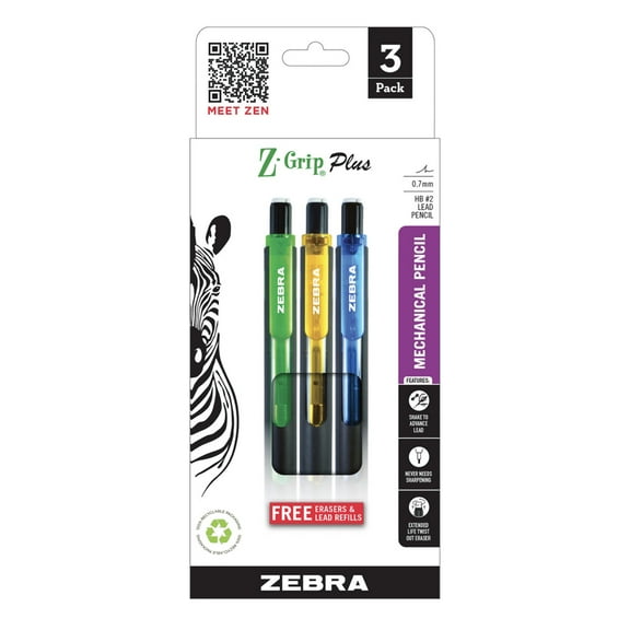 Zebra Z-Grip Plus Mechanical Pencil, 0.7mm, Bonus Lead and Erasers, 3-Pack
