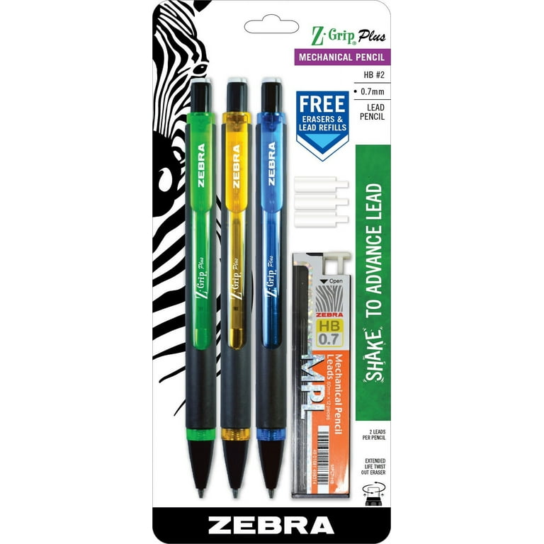 Zebra Z-Grip Plus Refillable Mechanical Pencil, 0.7mm, Bonus Lead and  Erasers, Assorted Barrel Colors, Green, Yellow, Blue, 3-Count