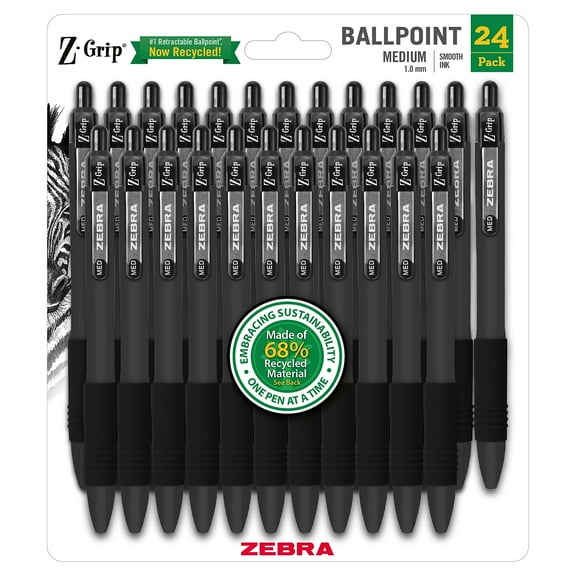 Zebra Z-Grip Recycled Retractable Ballpoint Pen Medium Point 1.0mm Black Ink 24/Pack (20314)