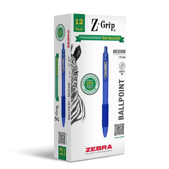 Zebra Z-Grip Recycled Retractable Ballpoint Pen Medium Point 1.0mm Blue Ink Dozen (20620)