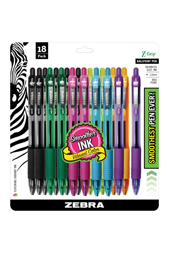 Z-Grip Retractable Ballpoint Pens, 1.0mm, Fashion Assorted Colors, 18-Pack