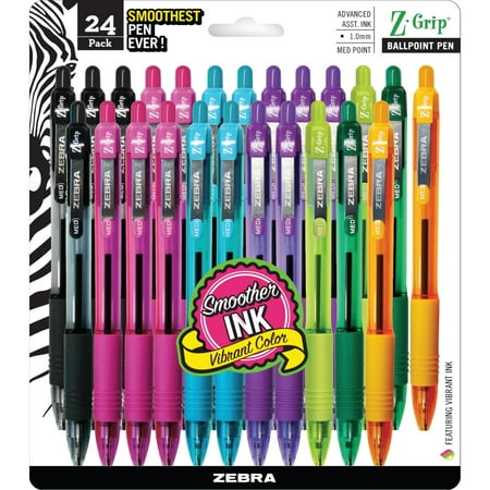 Zebra Z-Grip Retractable Ballpoint Pen 1.0mm, Assorted Ink Colors, Clear Barrels, 24-Pack