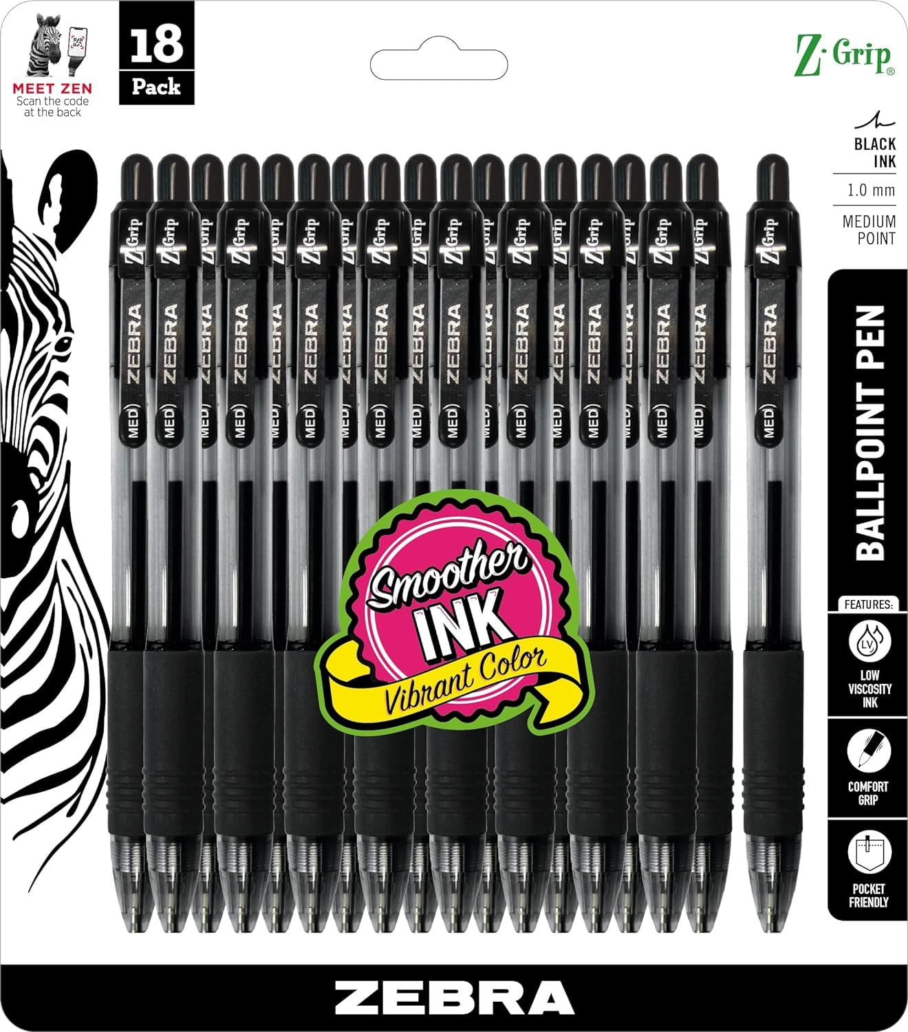 Zebra Z Grip Retractable Ballpoint Pen 1.0mm Medium Tip Black Ink 18 Count