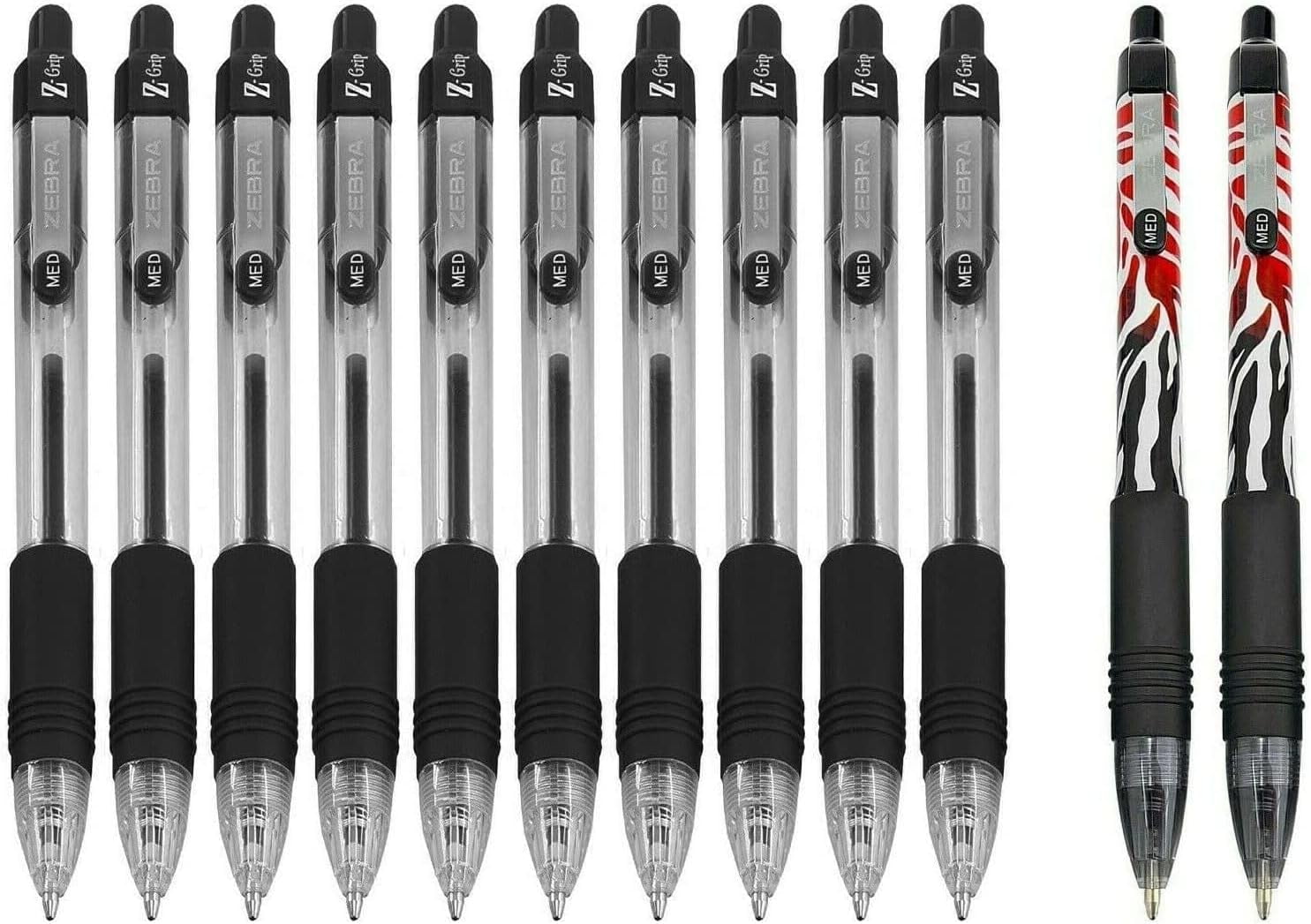 Zebra Z-Grip Retractable Ballpoint Pen - Black Ink - Pack of 10 + 2 Red Flame