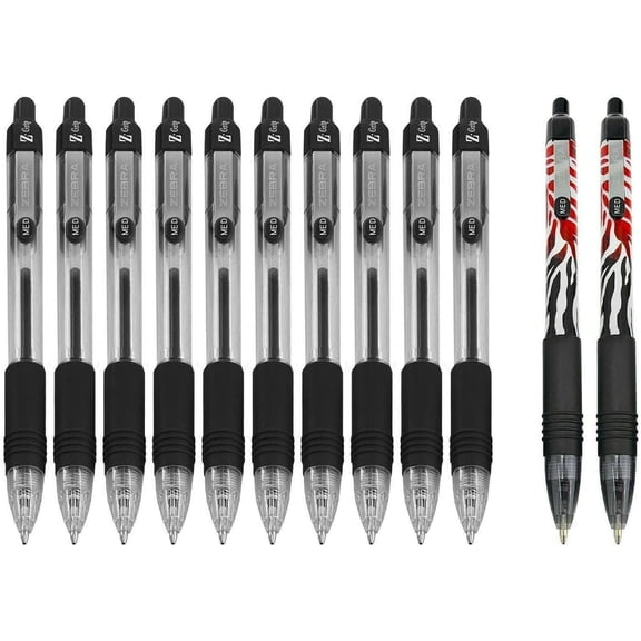 Zebra Z-Grip Retractable Ballpoint Pen - Black Ink - Pack of 10 + 2 Red Flame