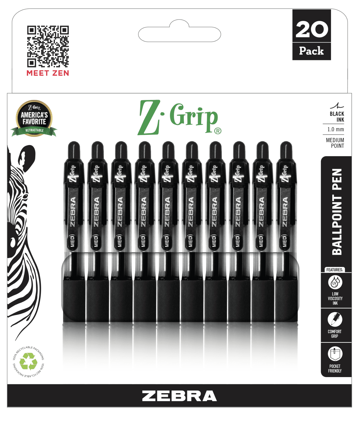 Zebra Z-Grip Ball Point Pens, Medium Point (1.0 mm), Black Ink - 7 pens