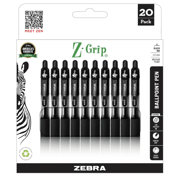 Zebra ZGrip Retractable Ballpoint Pens, 1.0mm, Medium Tip, Black Ink
