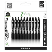 Zebra Z-Grip Retractable Ballpoint Pens, 1.0mm, Medium Tip, Black Ink, 20-Count
