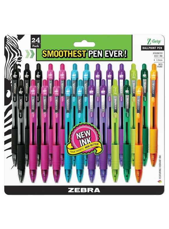 Zebra Z-Grip retractable ballpoint pen, 1.0mm, assorted ink colors, clear barrels, 24-pack