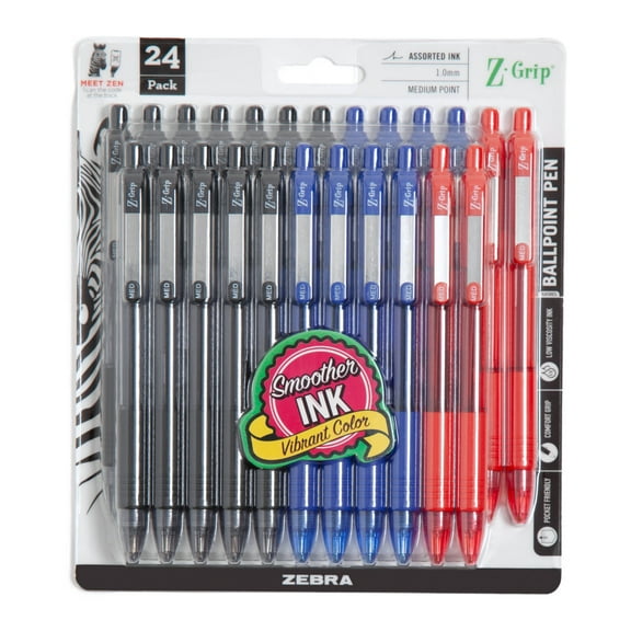 Zebra Z-Grip retractable ballpoint pen 1.0mm, black, blue, red ink, 24-pack