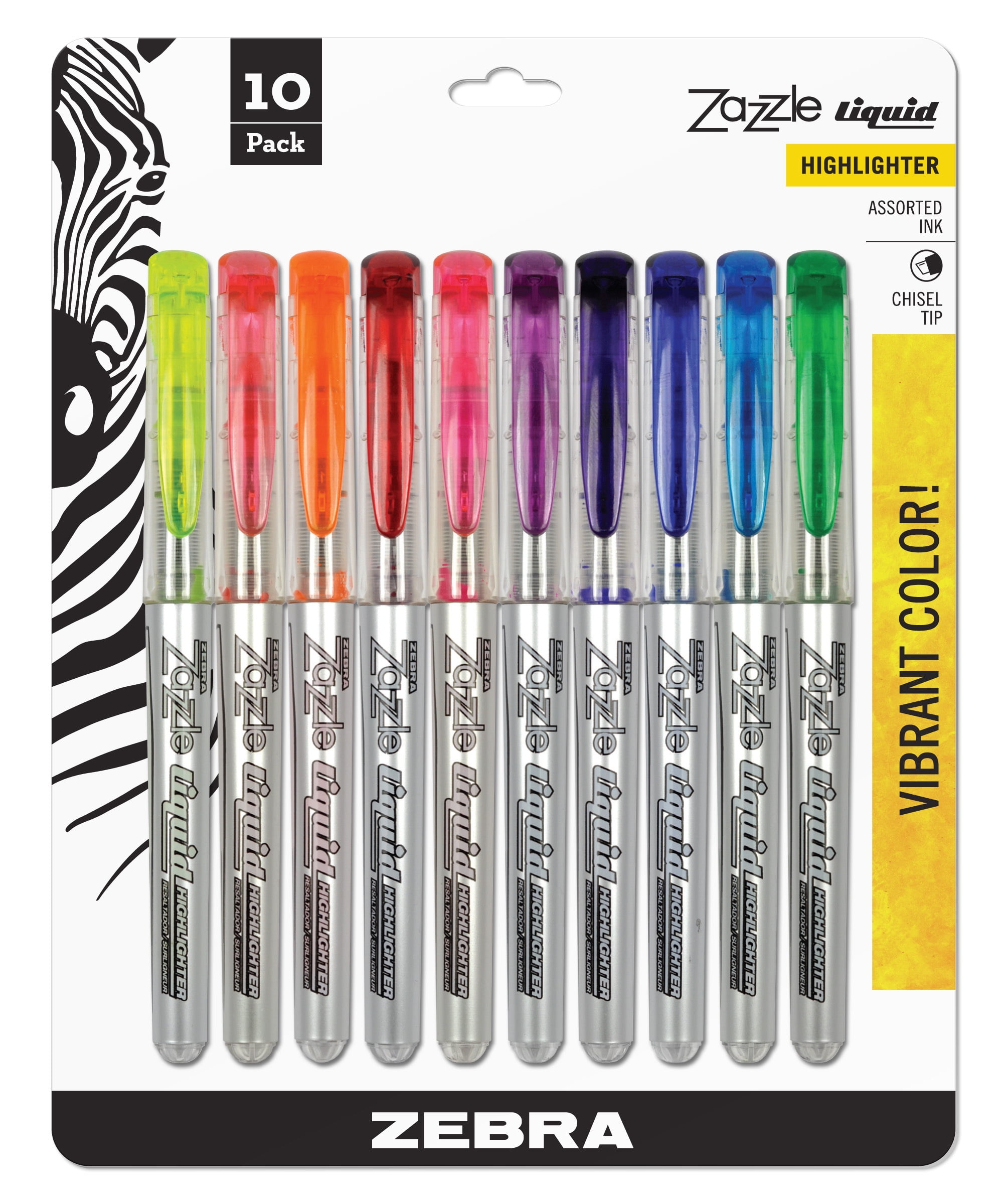 Zebra Zazzle Liquid Ink Highlighter, Chisel Tip, Assorted Colors, 10-Count