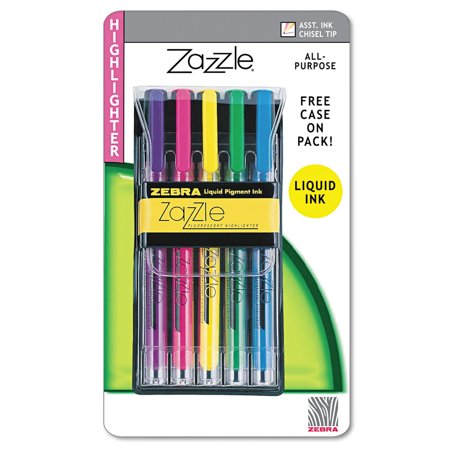 Zebra Zazzle Liquid Ink Highlighter, Chisel Tip, Assorted Colors, 5/Set