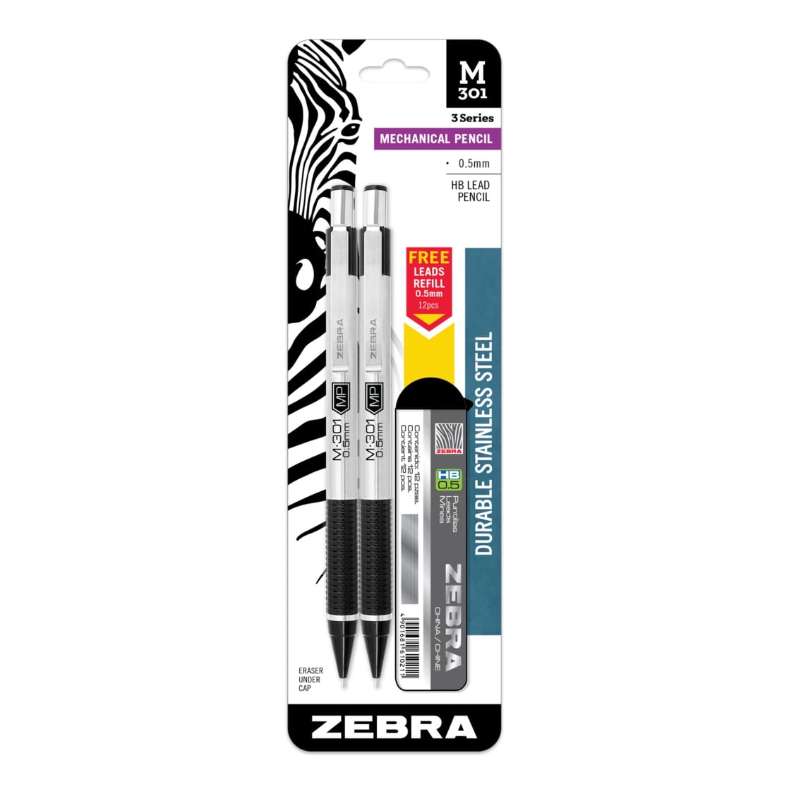 Zebra Zebra Steel mechanic pencil, black grip, 2-pack, bonus lead refills
