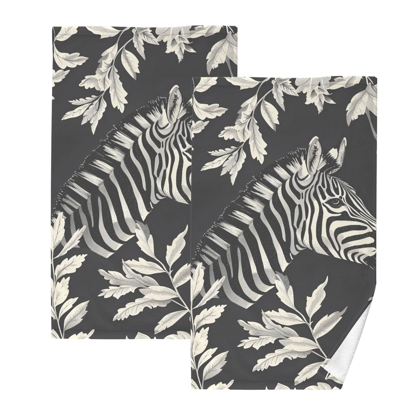 Zebra and Leaves Hand Towels Cotton Bath Towels Large Face Towels Absorbent for Bathroom 2 Packs