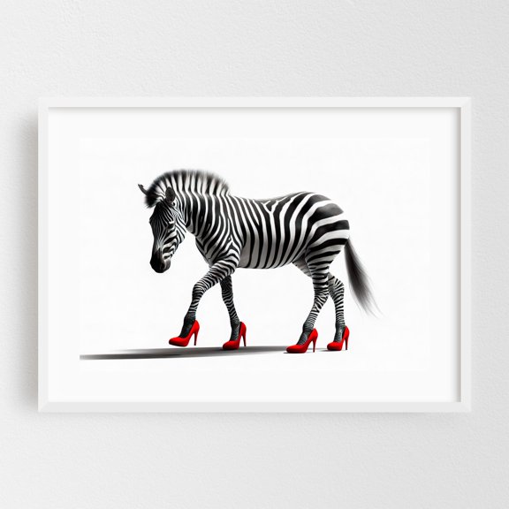 Zebra and heels - Photography Surrealism Humor Animal Fashion Modern Art Pop Art Whimsical White Framed Wall Art Print 24 x 36 inches