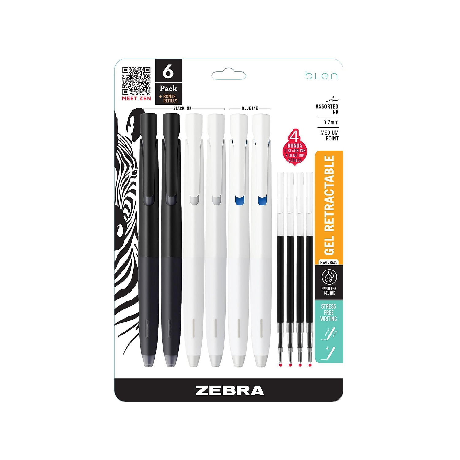 Zebra bLen Retractable Gel Pens Medium Point 0.7mm Assorted Ink 6/Pack (49501)