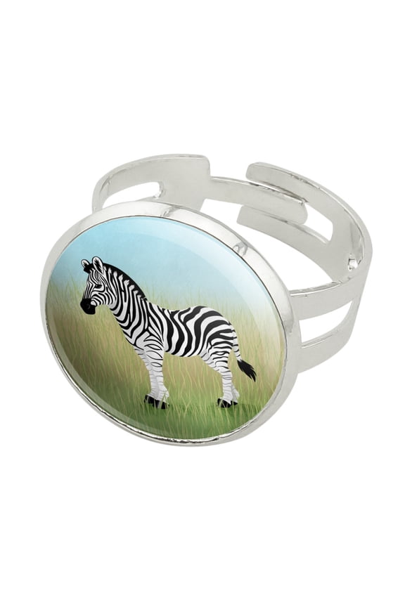 Zebra in Grasslands Silver Plated Adjustable Novelty Ring